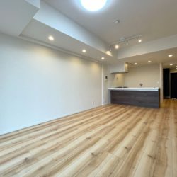 独立した縦長リビングダイニングは長い壁が家具配置しやすく部屋全体もすっきりします。大きく広がる開放的な窓から注がれる太陽光　明るい光に包まれる一体感のある対面キッチンです。(居間)